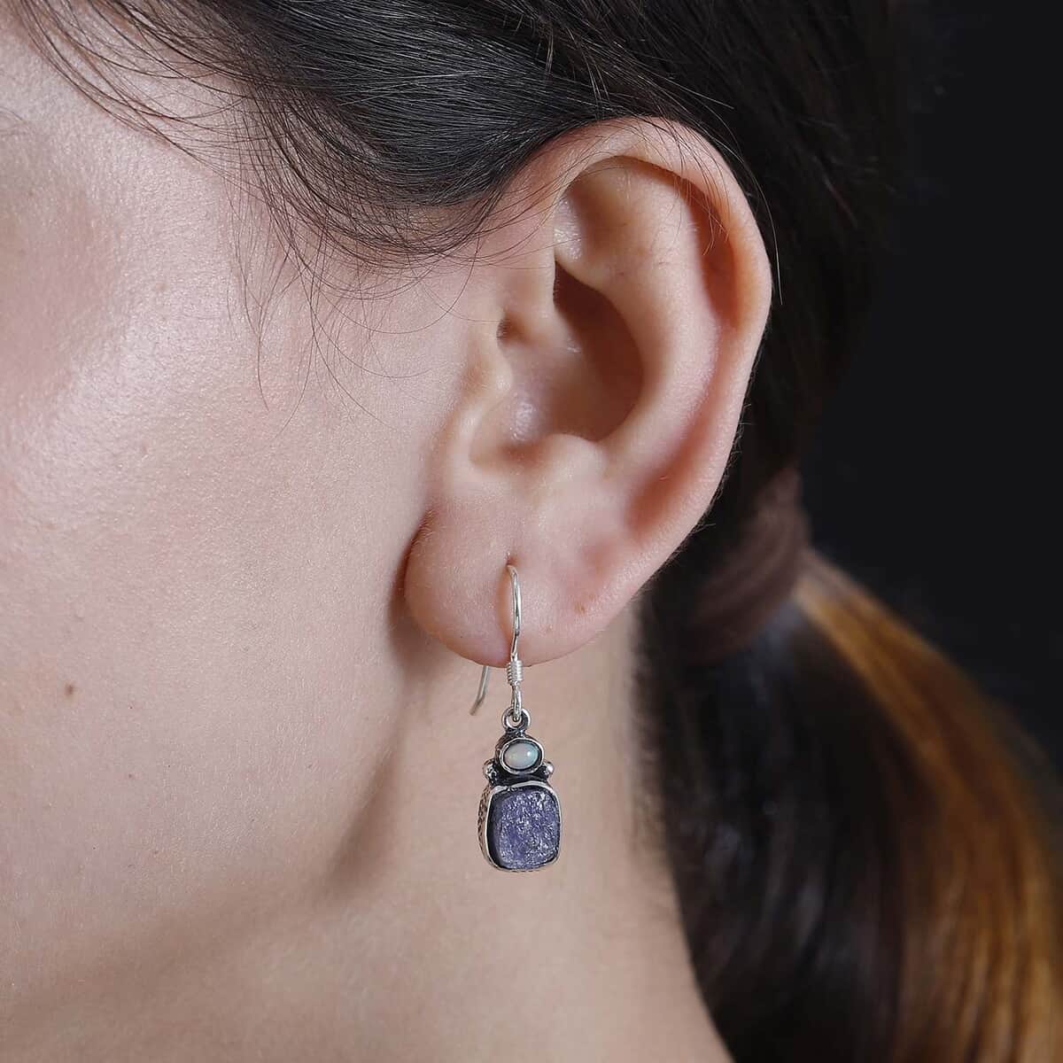 Artisan Crafted Rough Cut Tanzanite and Ethiopian Welo Opal 10.75 ctw Dangle Earrings in Sterling Silver image number 2