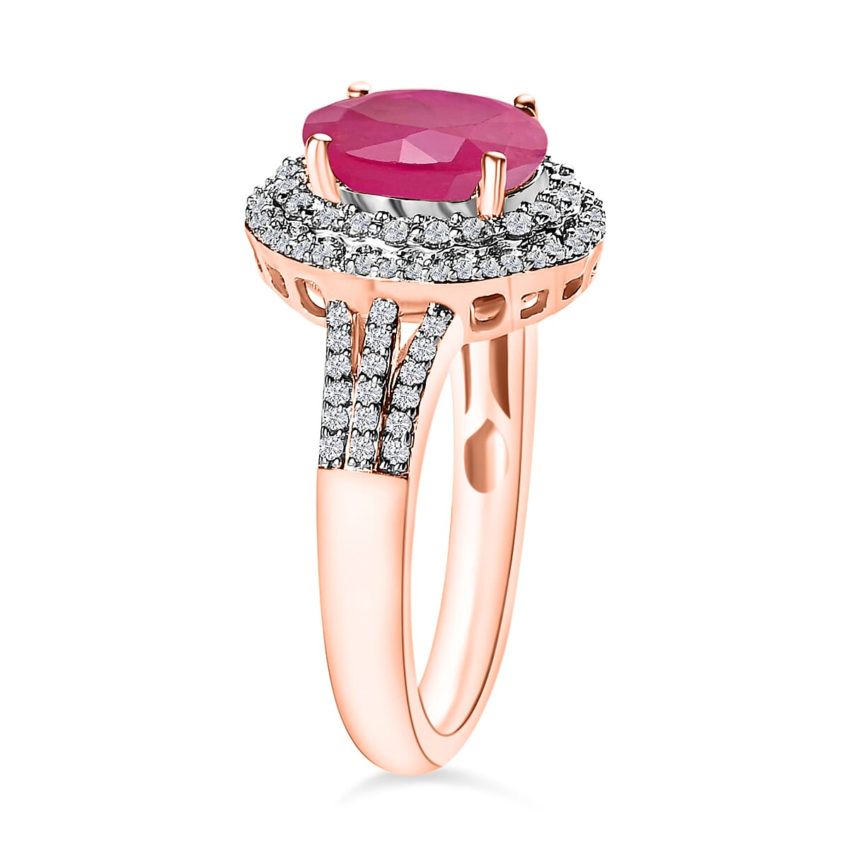 Luxoro Premium Mozambique Ruby and G-H I1 Diamond 3.20 ctw Double Halo Ring in 14K Rose Gold (Size 7.0) (Del. in 10-12 Days) image number 2
