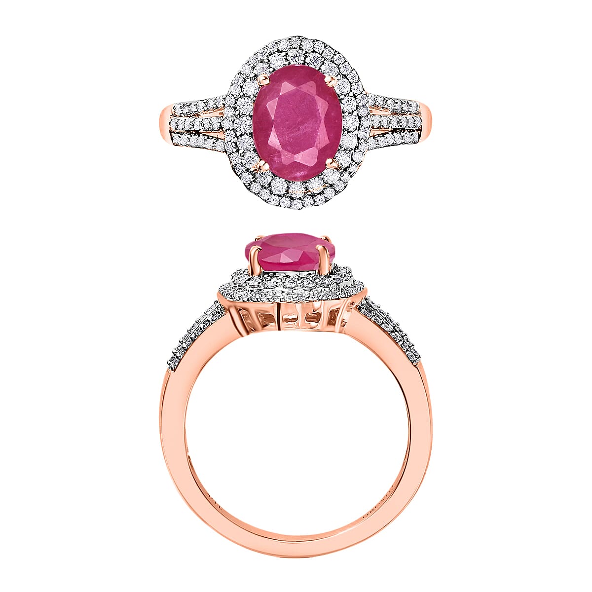 Luxoro Premium Mozambique Ruby and G-H I1 Diamond 3.20 ctw Double Halo Ring in 14K Rose Gold (Size 8.5) (Del. in 10-12 Days) image number 3