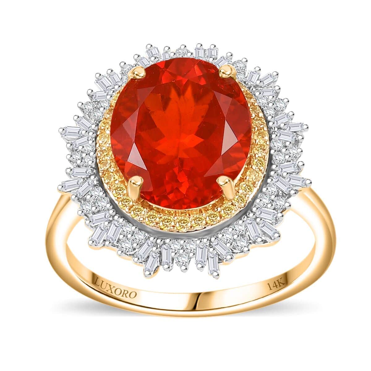 Luxoro Premium Crimson Fire Opal, Natural Yellow and G-H I2 White Diamond 3.75 ctw Sunrise Ring in 14K Yellow Gold (Size  6.0) image number 0