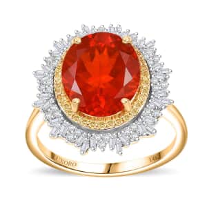 Luxoro Premium Crimson Fire Opal, Natural Yellow and G-H I2 White Diamond 3.75 ctw Sunrise Ring in 14K Yellow Gold (Size  6.0)