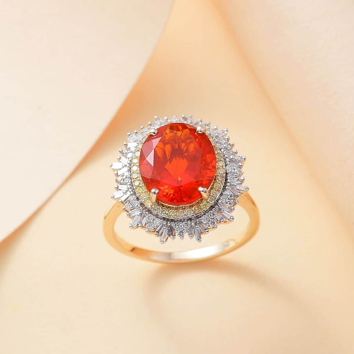 Luxoro Premium Crimson Fire Opal, Natural Yellow and G-H I2 White Diamond 3.75 ctw Sunrise Ring in 14K Yellow Gold (Size  6.0) image number 1