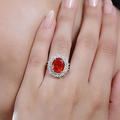 Luxoro Premium Crimson Fire Opal, Natural Yellow and G-H I2 White Diamond 3.75 ctw Sunrise Ring in 14K Yellow Gold (Size  6.0)