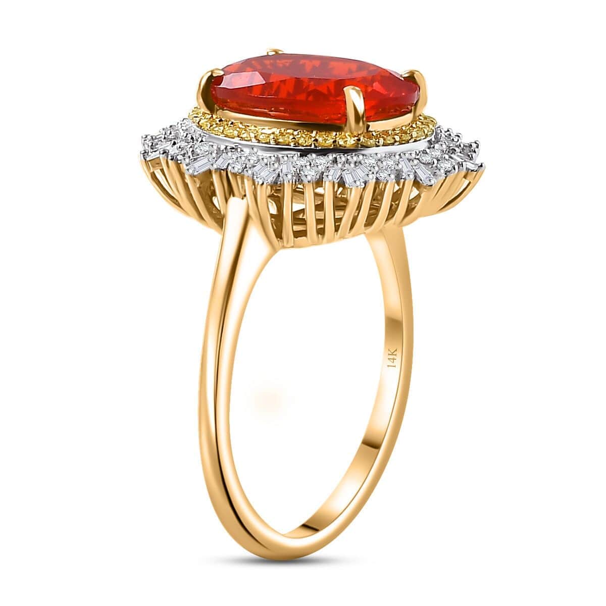 Luxoro Premium Crimson Fire Opal, Natural Yellow and G-H I2 White Diamond 3.75 ctw Sunrise Ring in 14K Yellow Gold (Size  6.0) image number 3