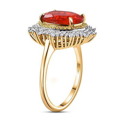Luxoro Premium Crimson Fire Opal, Natural Yellow and G-H I2 White Diamond 3.75 ctw Sunrise Ring in 14K Yellow Gold (Size  6.0)