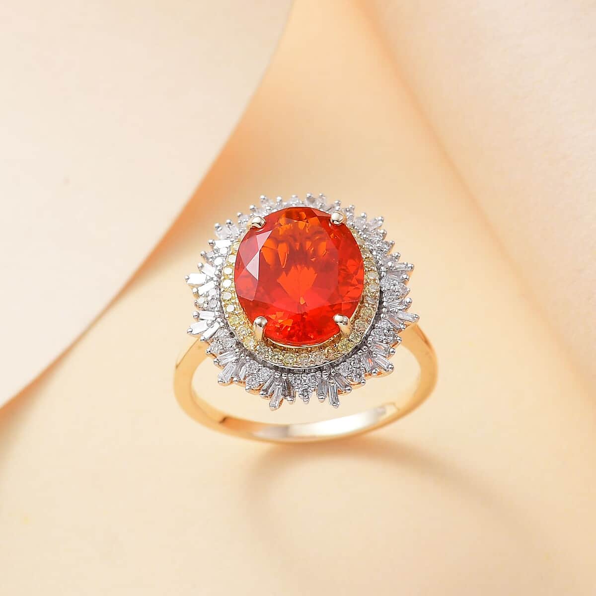 Luxoro Premium Crimson Fire Opal, Natural Yellow and G-H I2 White Diamond 3.75 ctw Sunrise Ring in 14K Yellow Gold (Size  8.0) image number 1