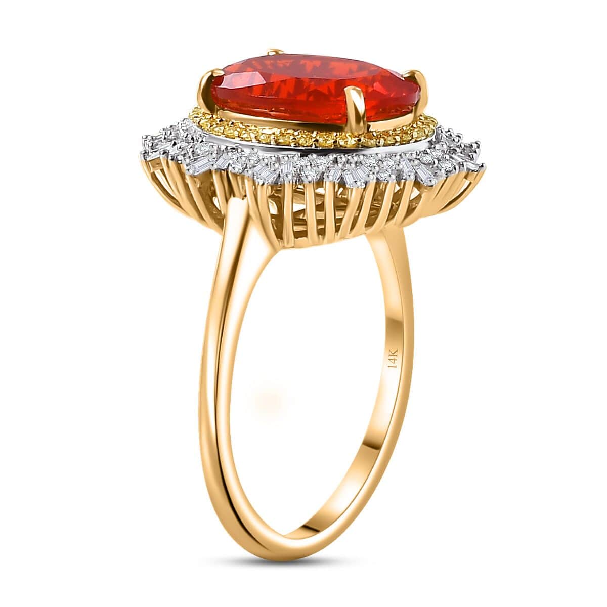 Luxoro Premium Crimson Fire Opal, Natural Yellow and G-H I2 White Diamond 3.75 ctw Sunrise Ring in 14K Yellow Gold (Size  8.0) image number 3