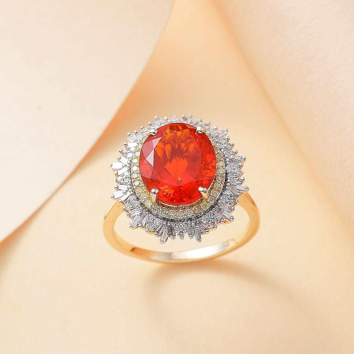 Luxoro Premium Crimson Fire Opal, Natural Yellow and G-H I2 White Diamond 3.75 ctw Sunrise Ring in 14K Yellow Gold (Size 9.0) image number 1