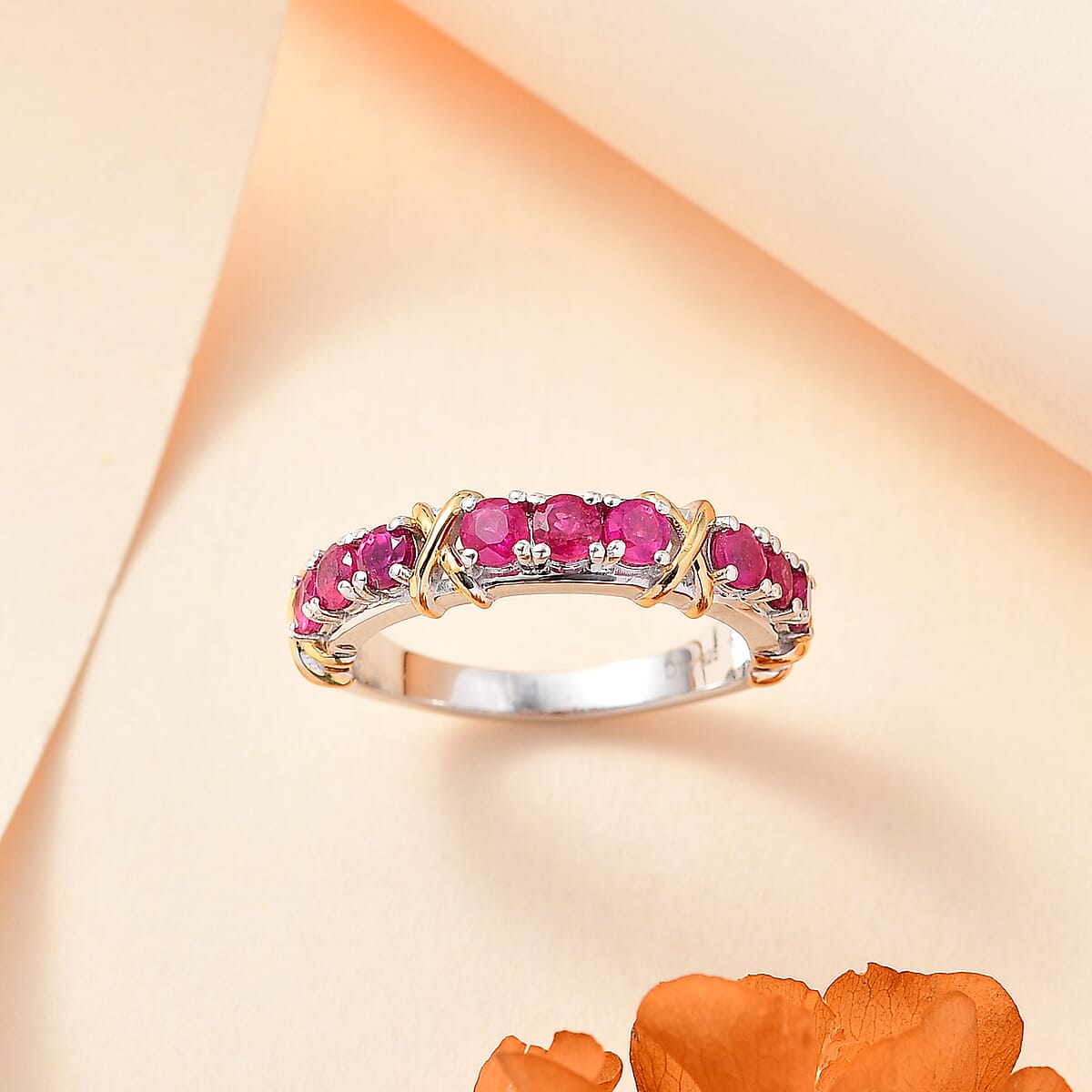 Niassa Ruby (FF) 1.50 ctw XOXO Ring in 18K Vermeil YG and Rhodium Over Sterling Silver (Size 7.0) image number 1