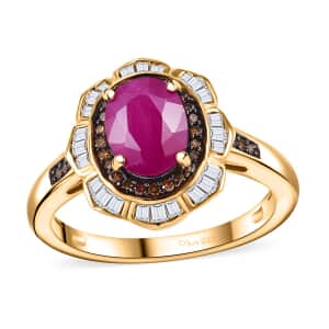 AAA Royal Ruby, Red and White Diamond 2.10 ctw Nelumbo Nucifera Flower Ring in 18K Vermeil Yellow Gold Over Sterling Silver (Size 10.0)