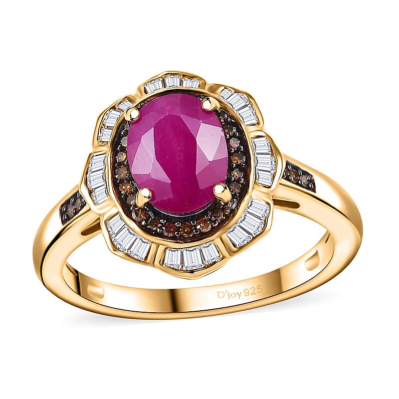 AAA Royal Ruby, Red and White Diamond 2.10 ctw Nelumbo Nucifera Flower Ring in 18K Vermeil Yellow Gold Over Sterling Silver (Size 10.0)