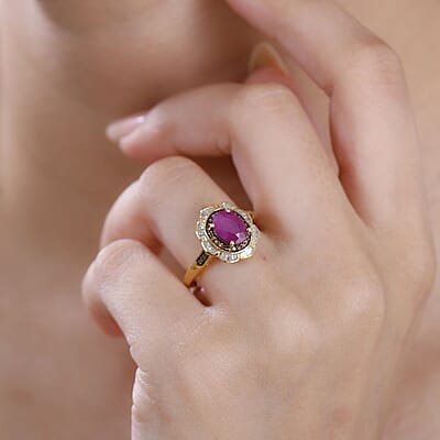 AAA Royal Ruby, Red and White Diamond 2.10 ctw Nelumbo Nucifera Flower Ring in 18K Vermeil Yellow Gold Over Sterling Silver (Size 10.0)