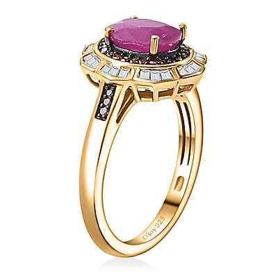 AAA Royal Ruby, Red and White Diamond 2.10 ctw Nelumbo Nucifera Flower Ring in 18K Vermeil Yellow Gold Over Sterling Silver (Size 10.0)