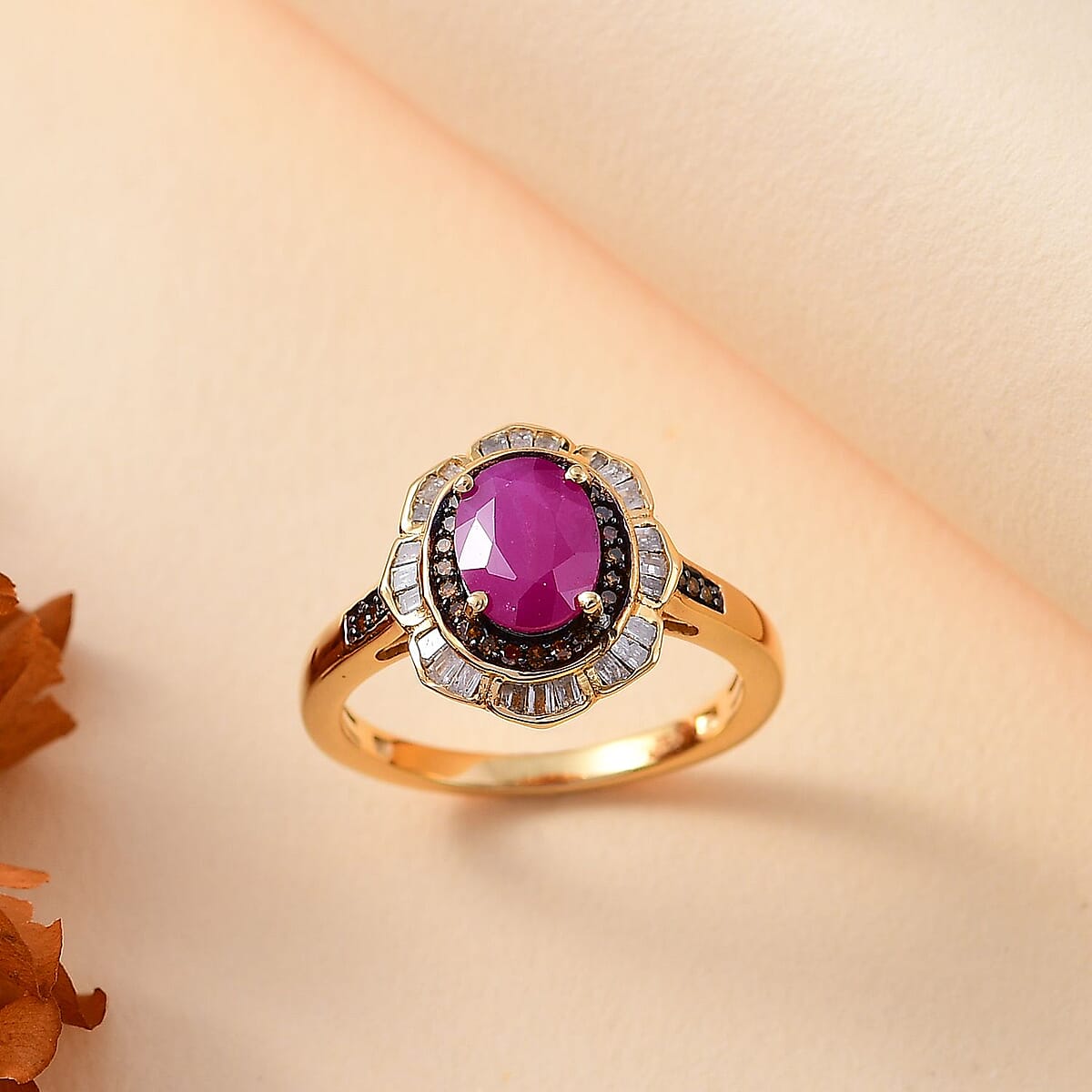 AAA Royal Ruby, Red and White Diamond 2.10 ctw Nelumbo Nucifera Flower Ring in 18K Vermeil Yellow Gold Over Sterling Silver (Size 7.0) image number 1