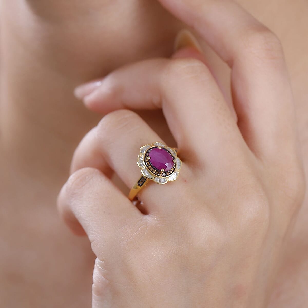 AAA Royal Ruby, Red and White Diamond 2.10 ctw Nelumbo Nucifera Flower Ring in 18K Vermeil Yellow Gold Over Sterling Silver (Size 7.0) image number 2