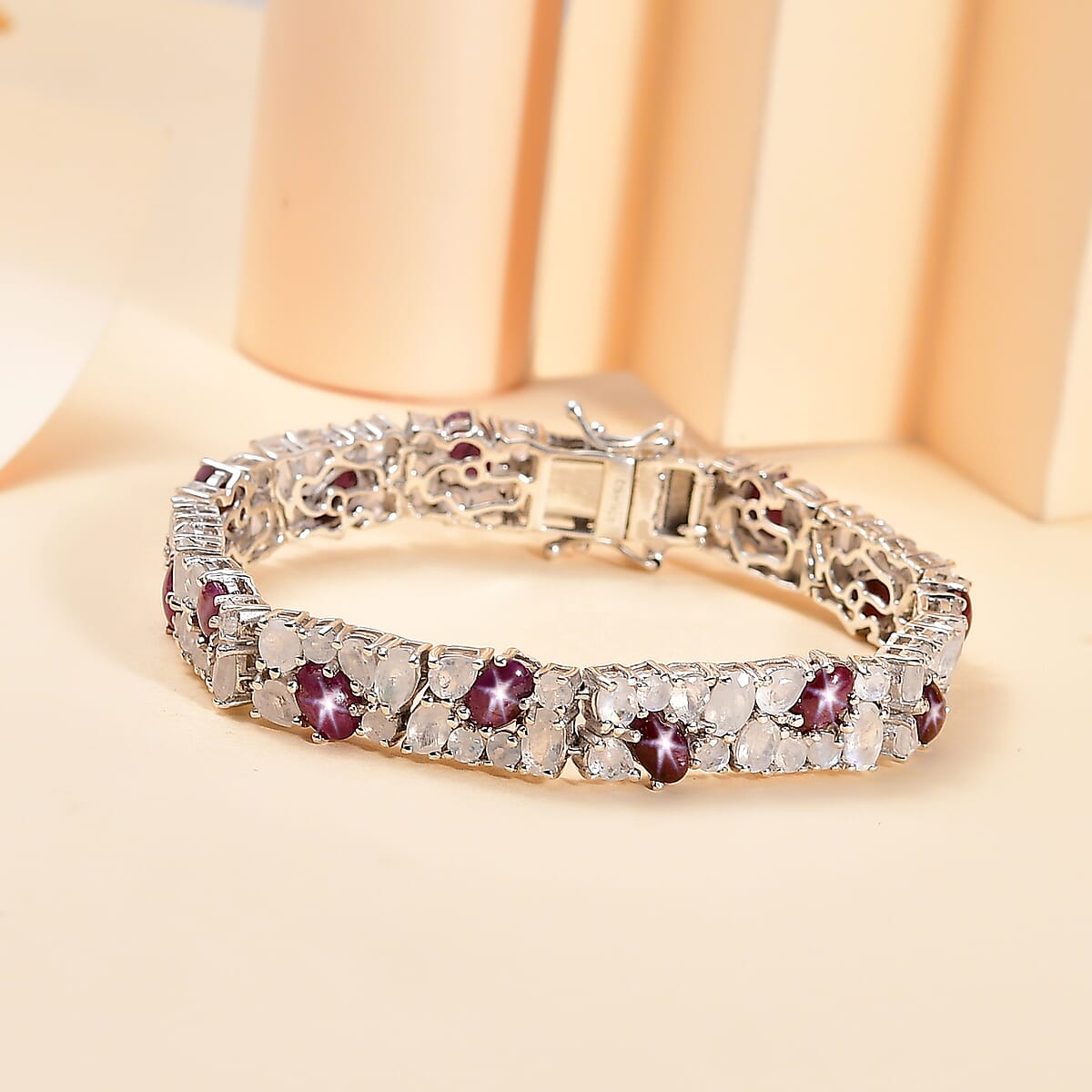 D'Joy India Star Ruby and Moon Glow Moonstone 21.80 ctw Celestial Bracelet in Platinum Over Sterling Silver (6.50 In) image number 1