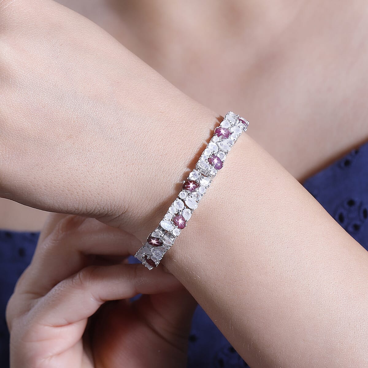 D'Joy India Star Ruby and Moon Glow Moonstone 21.80 ctw Celestial Bracelet in Platinum Over Sterling Silver (6.50 In) image number 2