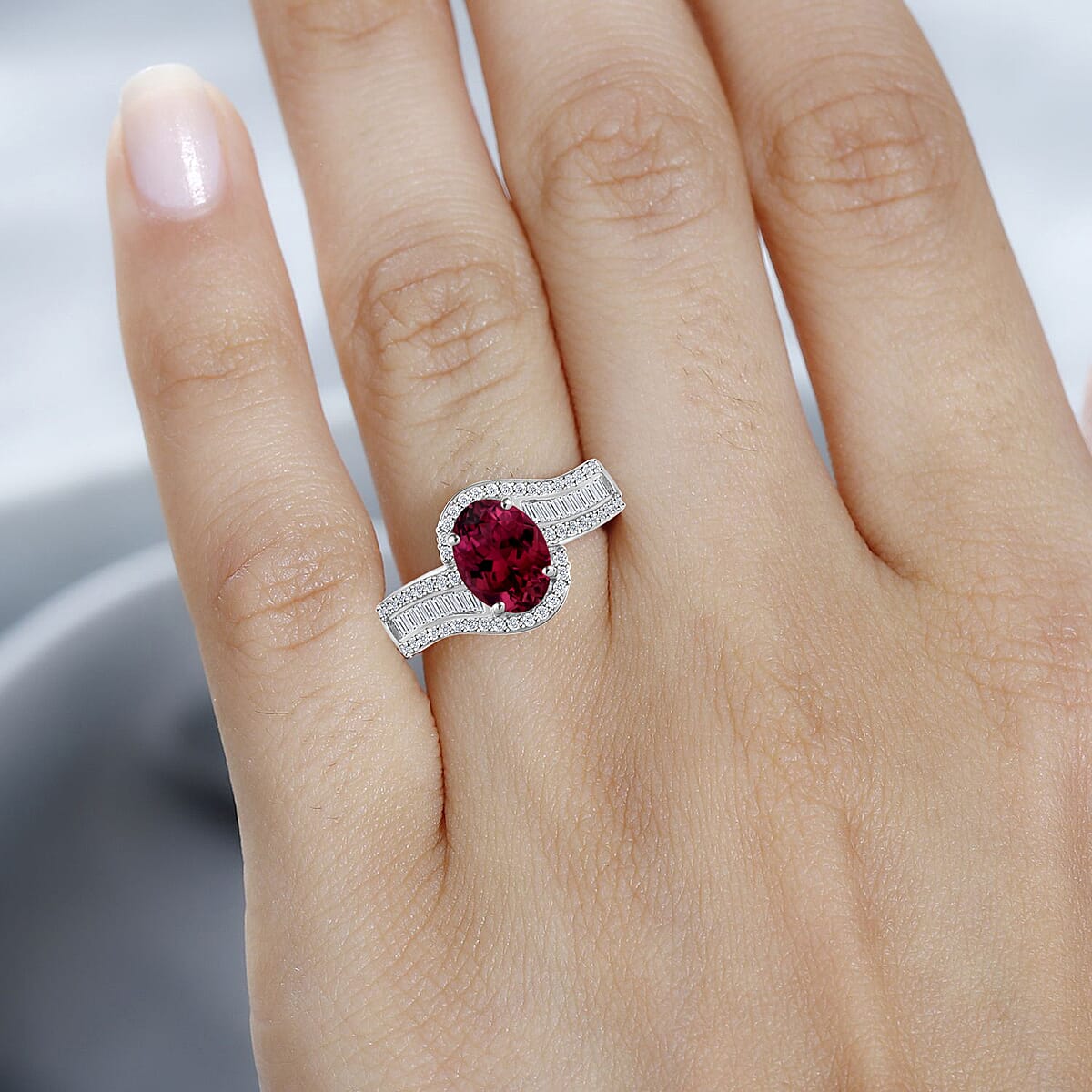 Rhapsody AAAA Ouro Fino Rubellite and E-F VS2 Diamond 1.65 ctw Ring in 950 Platinum (Size 6.0) 6.25 Grams (Del. in 10-12 Days) image number 1