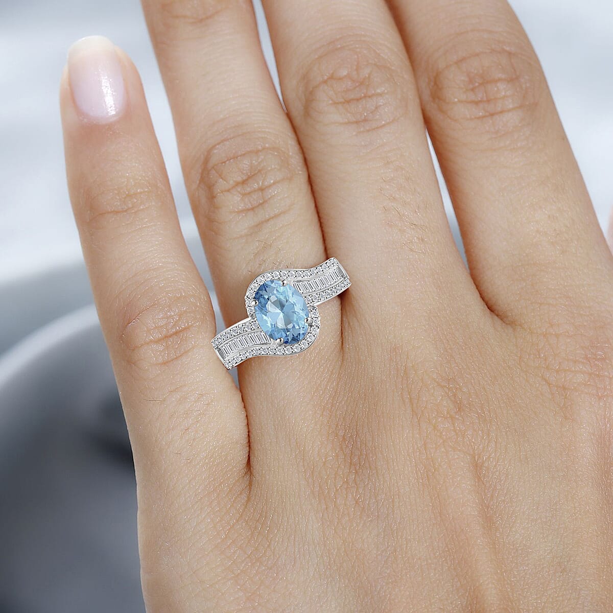 Rhapsody AAAA Santa Maria Aquamarine and E-F VS2 Diamond 1.65 ctw Ring in 950 Platinum (Size 10.5) 6.25 Grams image number 1