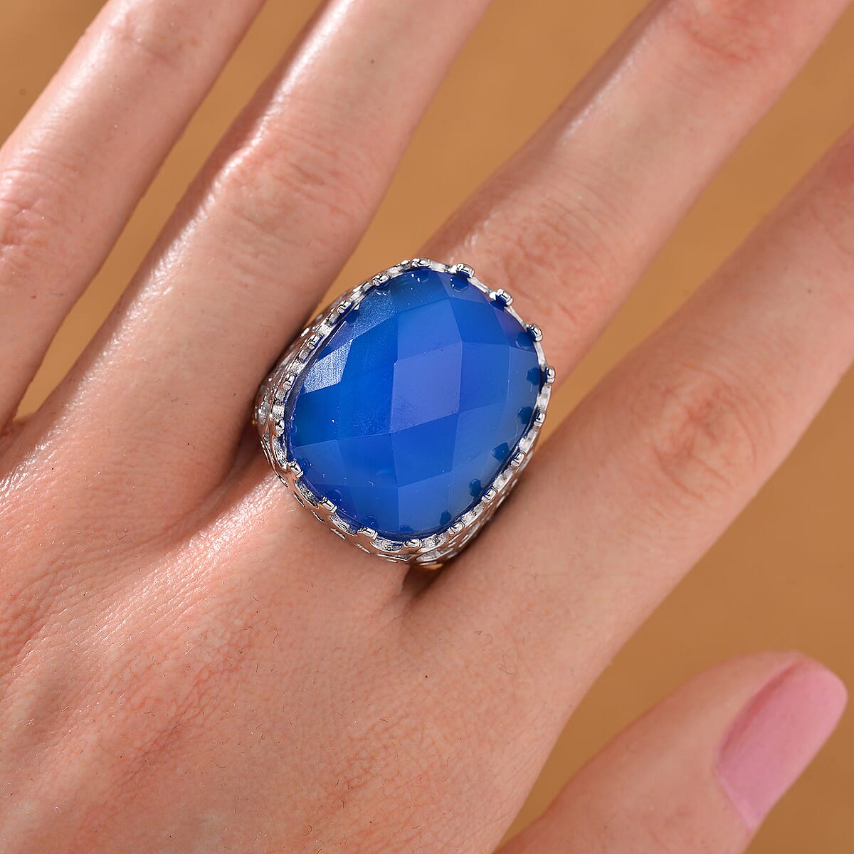 Blue Agate (D) 15.00 ctw Ring in Stainless Steel (Size 9.0)  image number 1