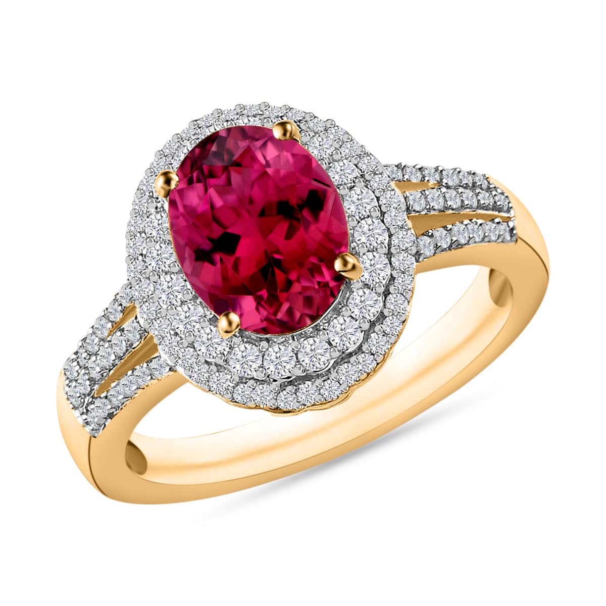 Iliana AAA Ouro Fino Rubellite and G-H SI Diamond 3.00 ctw Double Halo Ring in 18K Yellow Gold (Size 11.0) 4.60 Grams image number 0