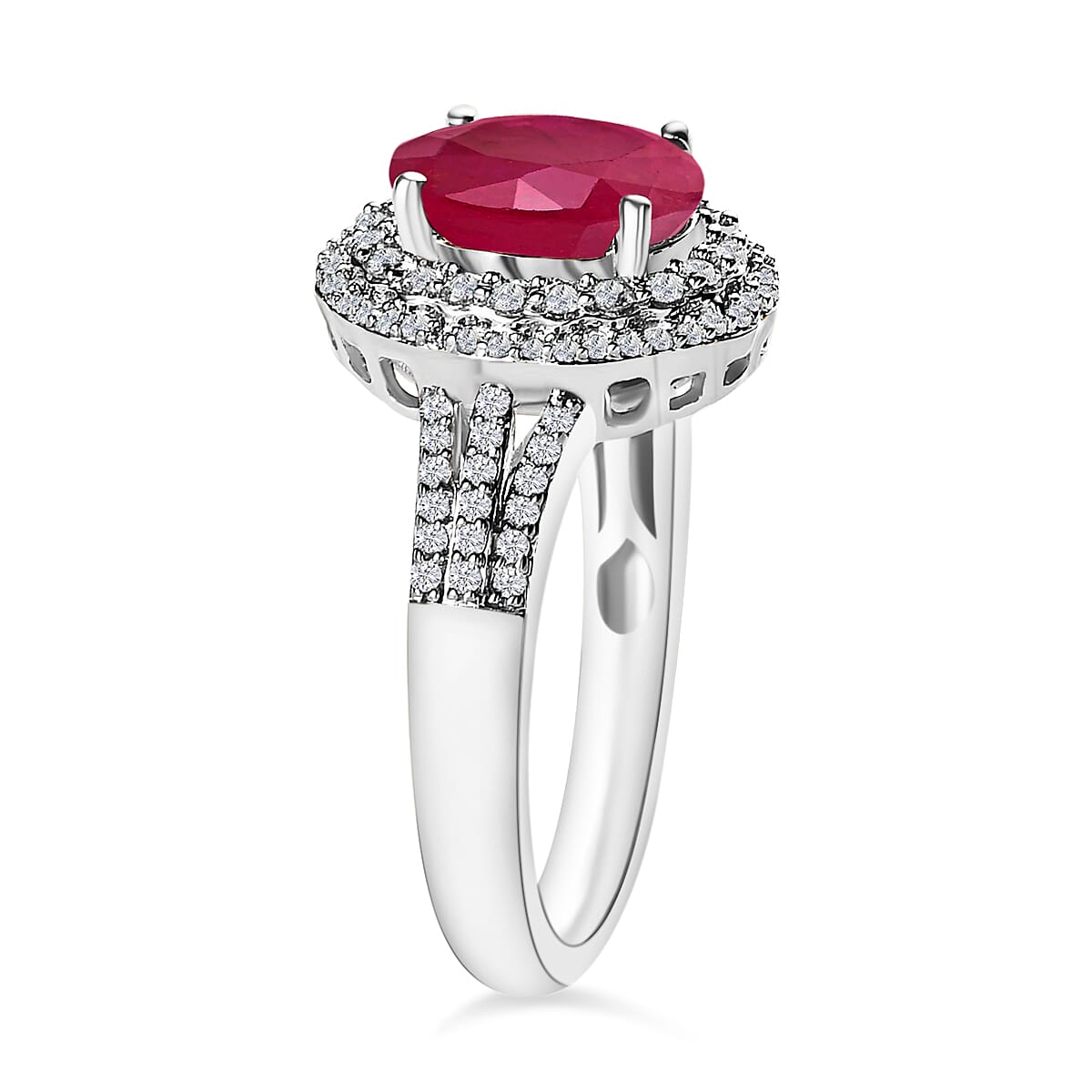 Rhapsody AAAA Mozambique Ruby and E-F VS2 Diamond 3.20 ctw Double Halo Ring in 950 Platinum (Size 4.5) 5.90 Grams image number 2