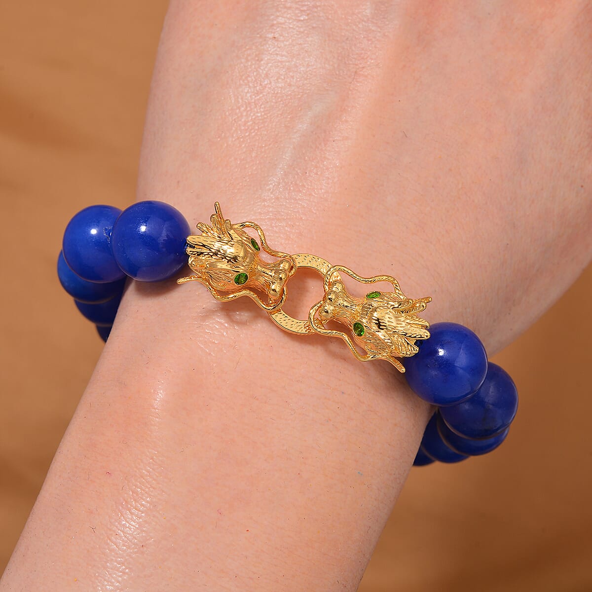Blue Jade (D) and Chrome Diopside 230.50 ctw Dragon Bracelet in 18K Vermeil Yellow Gold Over Sterling Silver (7.50 In) image number 1