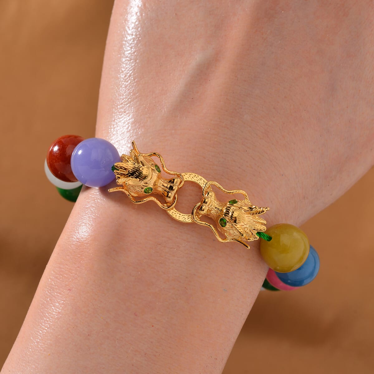 Multi Jade and Chrome Diopside 240.50 ctw Dragon Bracelet in 18K Vermeil Yellow Gold Over Sterling Silver (8.00 In) image number 1