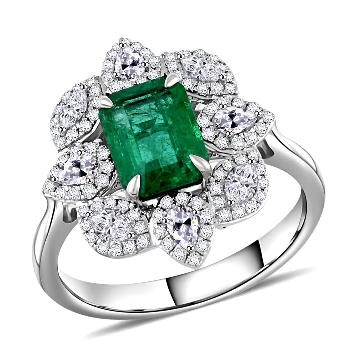 Emerald and G-SI VS White Diamond 2.25 ctw Ring in 18K White Gold (Size 5.0) 4.35 Grams image number 0