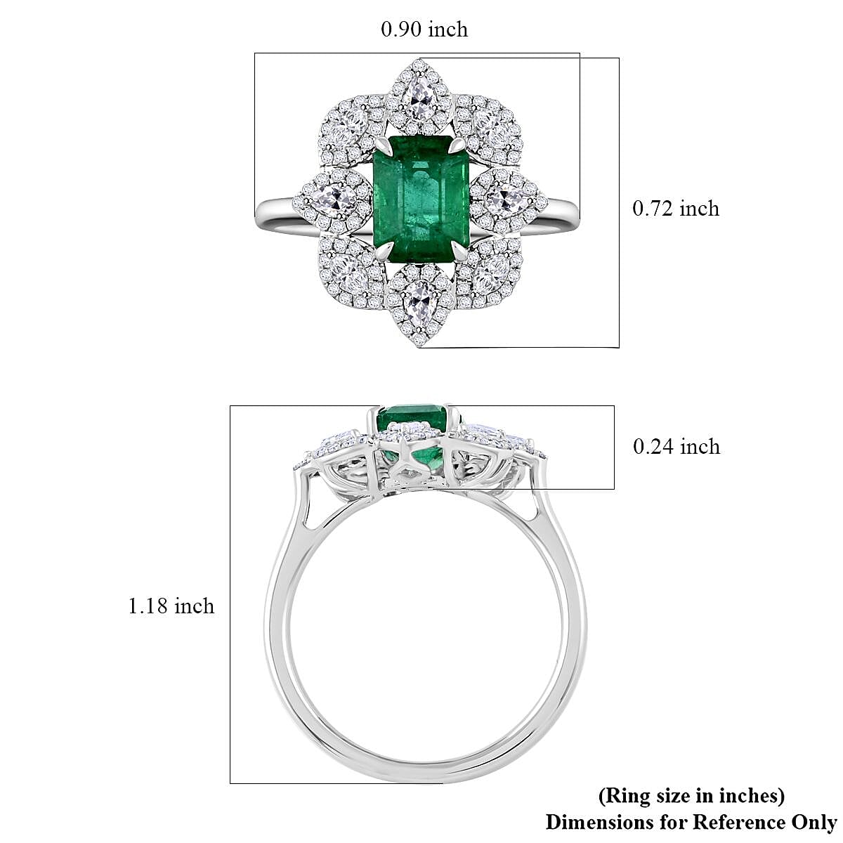 Emerald and G-SI VS White Diamond 2.25 ctw Ring in 18K White Gold (Size 10.0) 4.35 Grams