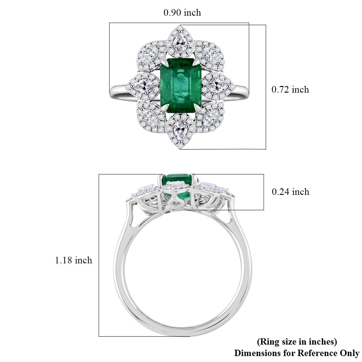 Emerald and G-SI VS White Diamond 2.25 ctw Ring in 18K White Gold (Size 5.0) 4.35 Grams image number 5