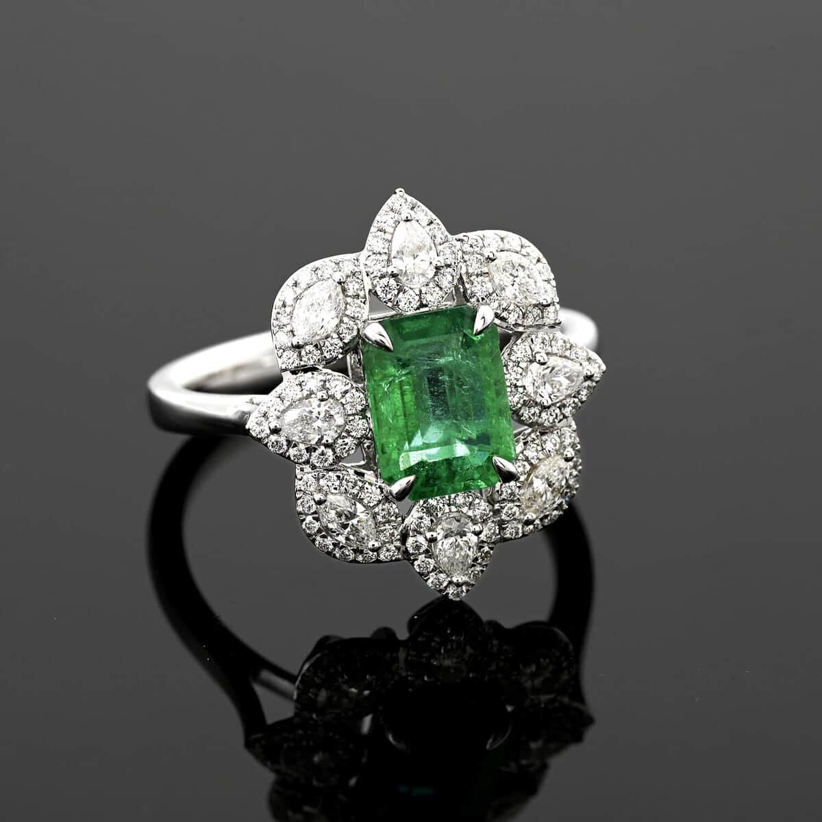 Emerald and G-SI VS White Diamond 2.25 ctw Ring in 18K White Gold (Size 4.5) 4.35 Grams image number 1