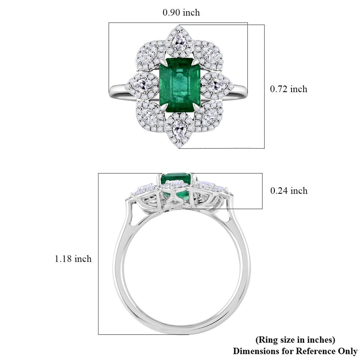 Emerald and G-SI VS White Diamond 2.25 ctw Ring in 18K White Gold (Size 4.5) 4.35 Grams image number 5