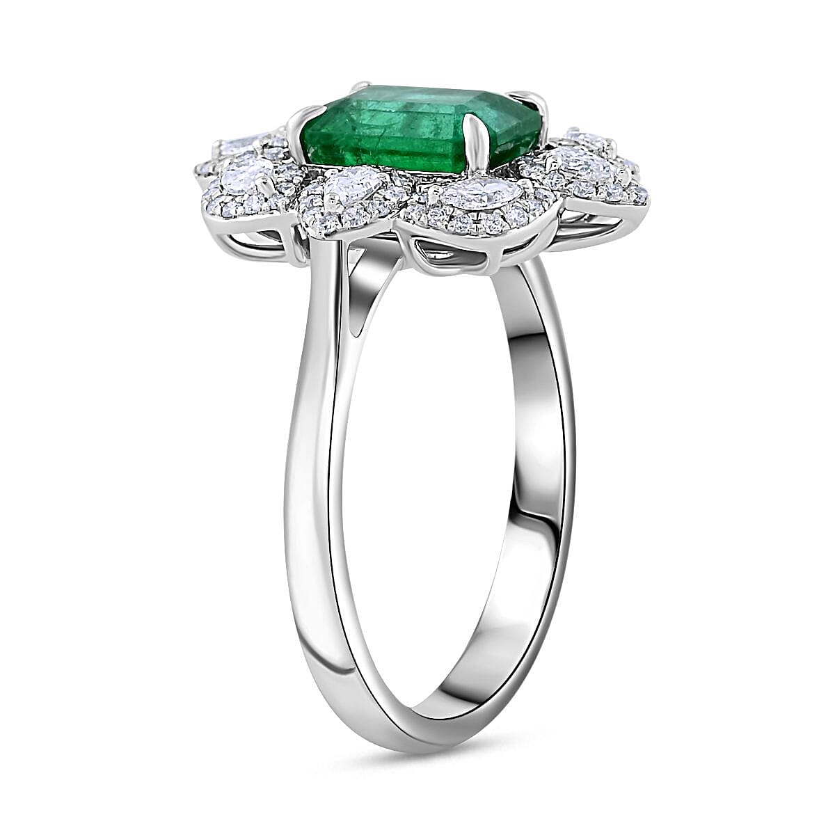 Emerald and G-SI VS White Diamond 2.25 ctw Ring in 18K White Gold (Size 8.0) 4.35 Grams image number 3