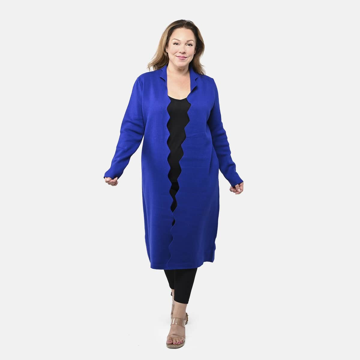 Badgley Mischka Scalloped Open-Front Edges Slim-Fit, Super-Soft & Cozy Double-Knit Sweater Coat- Cobalt S image number 0