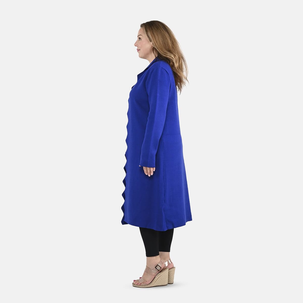 Badgley Mischka Scalloped Open-Front Edges Slim-Fit, Super-Soft & Cozy Double-Knit Sweater Coat- Cobalt XL image number 2