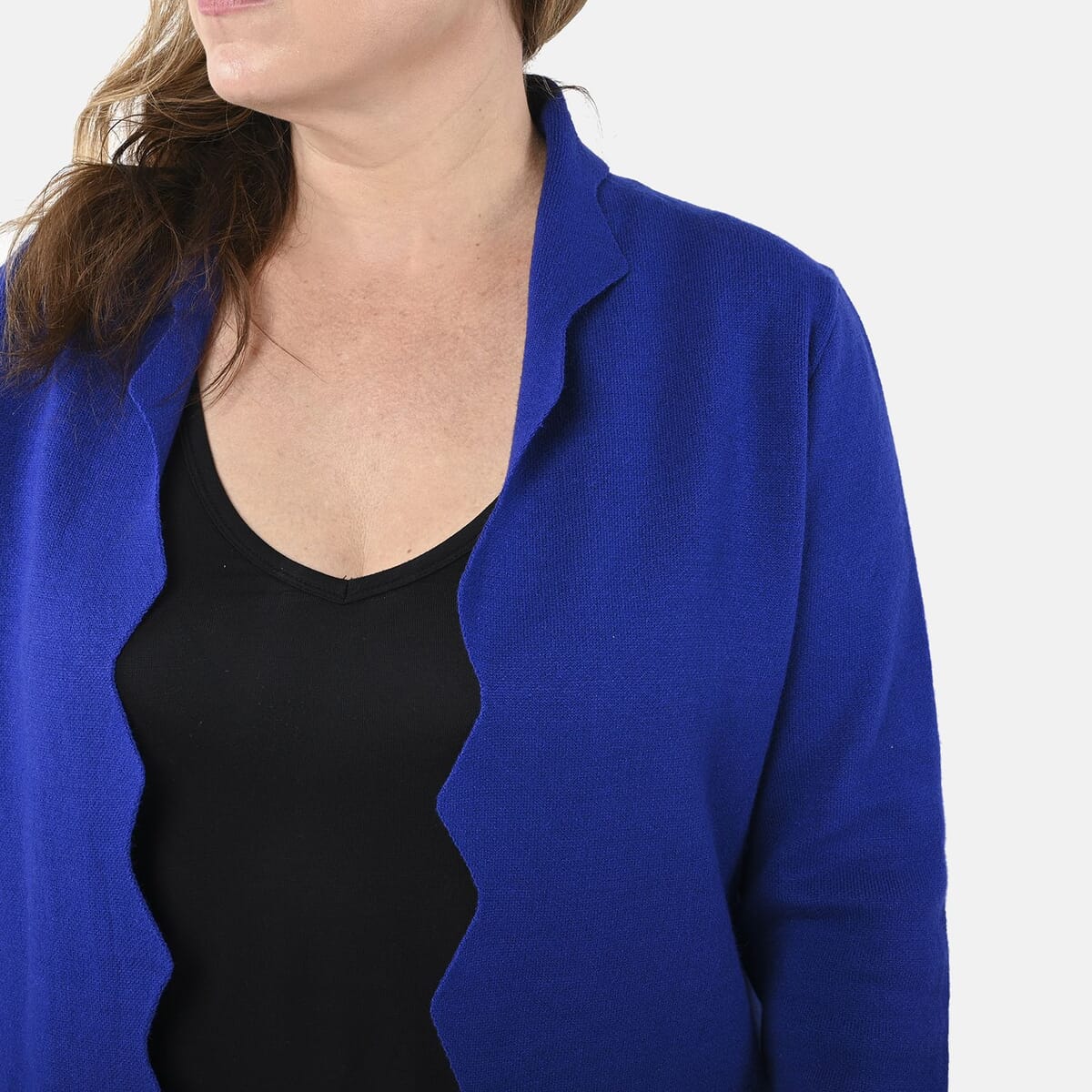 Badgley Mischka Scalloped Open-Front Edges Slim-Fit, Super-Soft & Cozy Double-Knit Sweater Coat- Cobalt XL image number 3