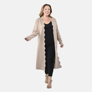 Badgley Mischka Scalloped Open-Front Edges Slim-Fit, Super-Soft & Cozy Double-Knit Sweater Coat- Sand M