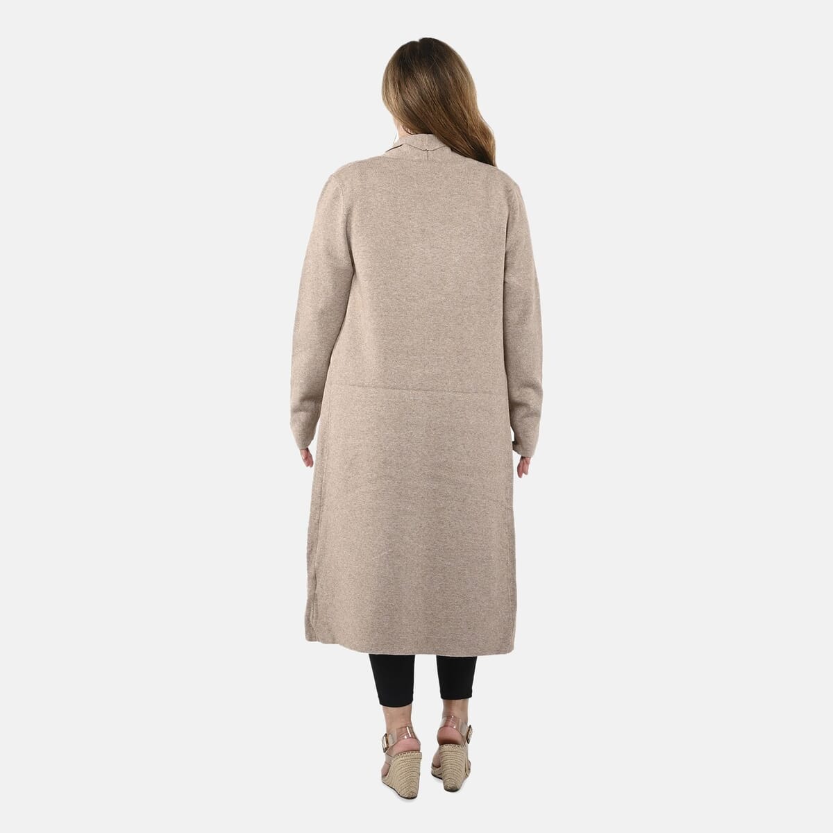 Badgley Mischka Scalloped Open-Front Edges Slim-Fit, Super-Soft & Cozy Double-Knit Sweater Coat- Sand M image number 1