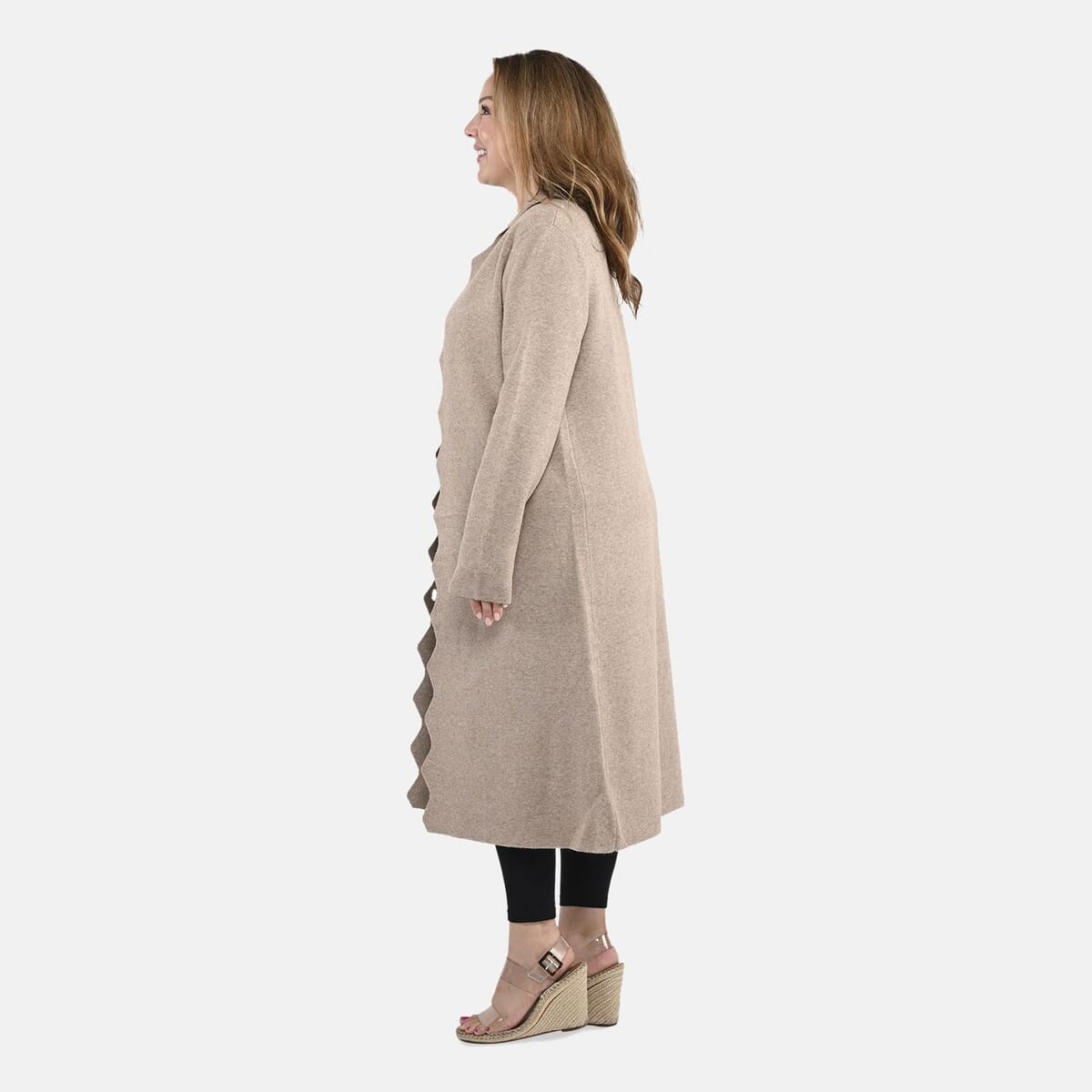 Badgley Mischka Scalloped Open-Front Edges Slim-Fit, Super-Soft & Cozy Double-Knit Sweater Coat- Sand M image number 2