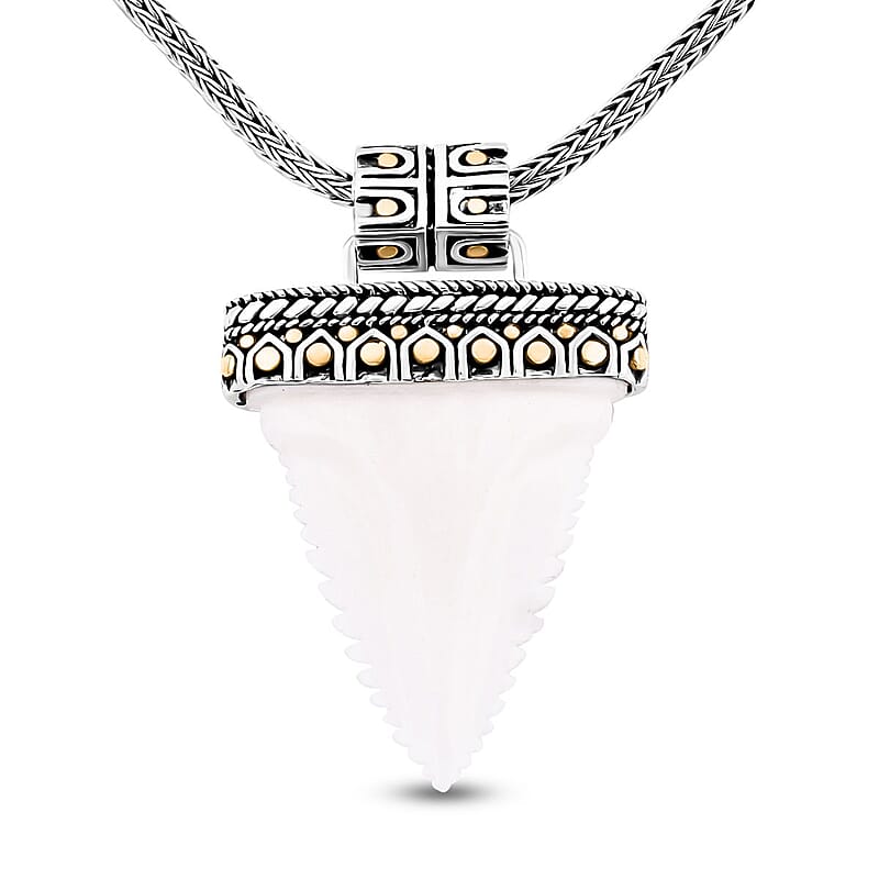 Bali Goddess Carved Bone Sark Tooth Pendant with Tulang Naga Necklace in 22K Vermeil YG Over and Sterling Silver 18 inches