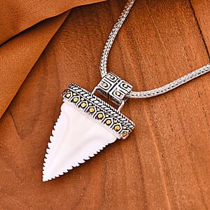 Bali Goddess Carved Bone Sark Tooth Pendant with Tulang Naga Necklace in 22K Vermeil YG Over and Sterling Silver 18 inches