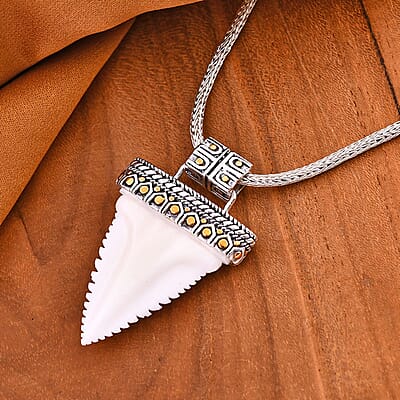 Bali Goddess Carved Bone Sark Tooth Pendant with Tulang Naga Necklace in 22K Vermeil YG Over and Sterling Silver 18 inches