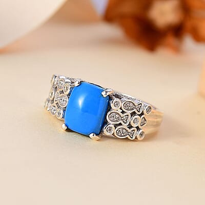 Ceruleite and White Zircon 2.40 ctw Fish and Bubbles Ring in Rhodium Over Sterling Silver (Size 10.0)