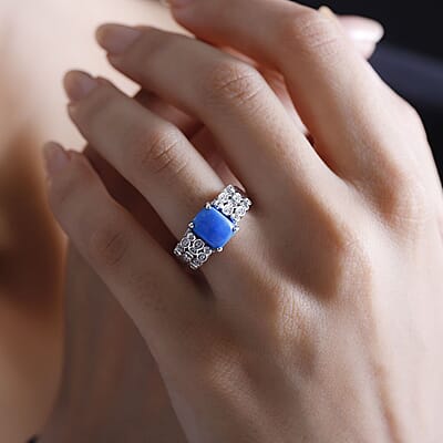 Ceruleite and White Zircon 2.40 ctw Fish and Bubbles Ring in Rhodium Over Sterling Silver (Size 10.0)