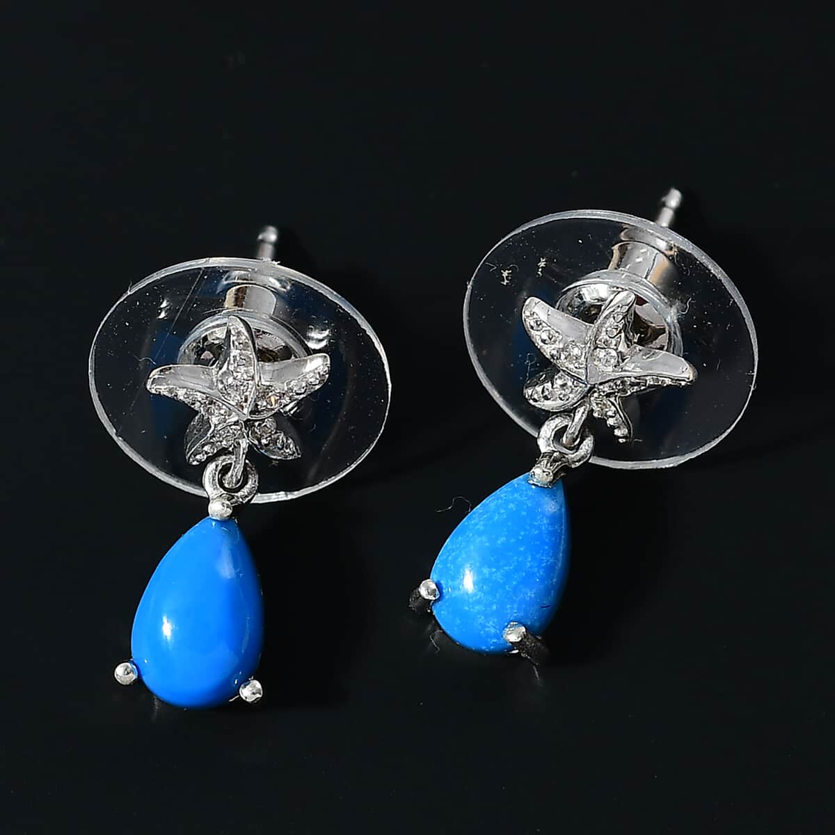 Ceruleite and White Zircon 1.60 ctw Starfish Earrings in Rhodium Over Sterling Silver image number 1