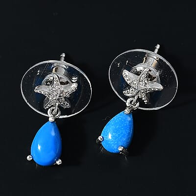 Ceruleite and White Zircon 1.60 ctw Starfish Earrings in Rhodium Over Sterling Silver