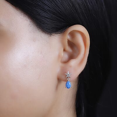 Ceruleite and White Zircon 1.60 ctw Starfish Earrings in Rhodium Over Sterling Silver