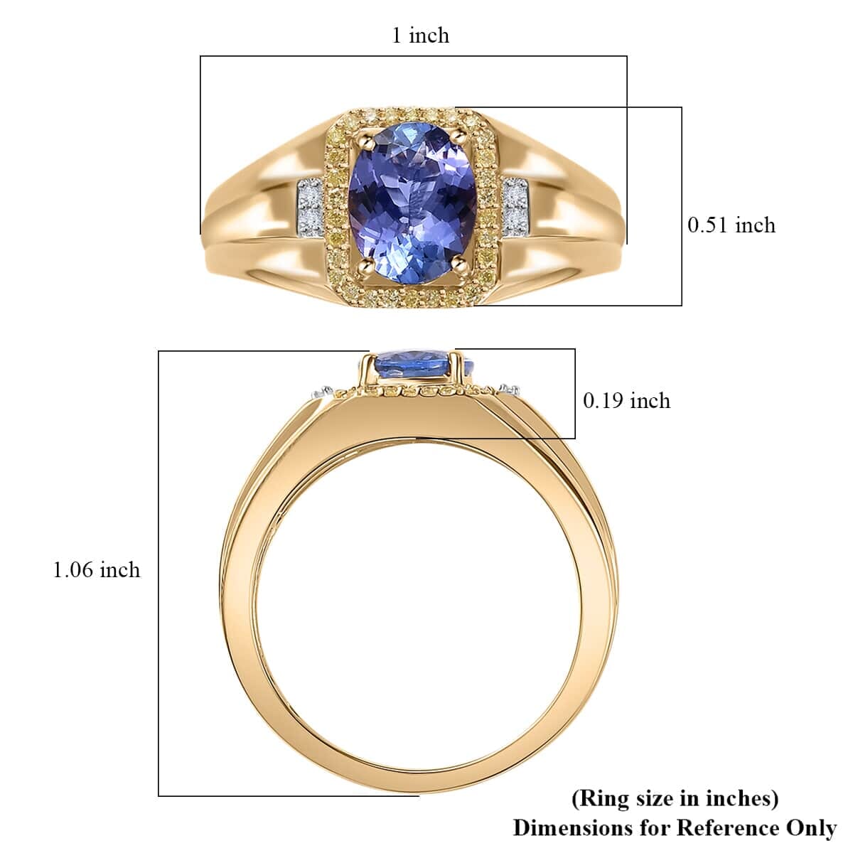 Luxoro Premium Tanzanite, Natural Yellow and White Diamond I2 2.15 ctw Men's Ring in 10K Yellow Gold (Size 15.0) image number 5