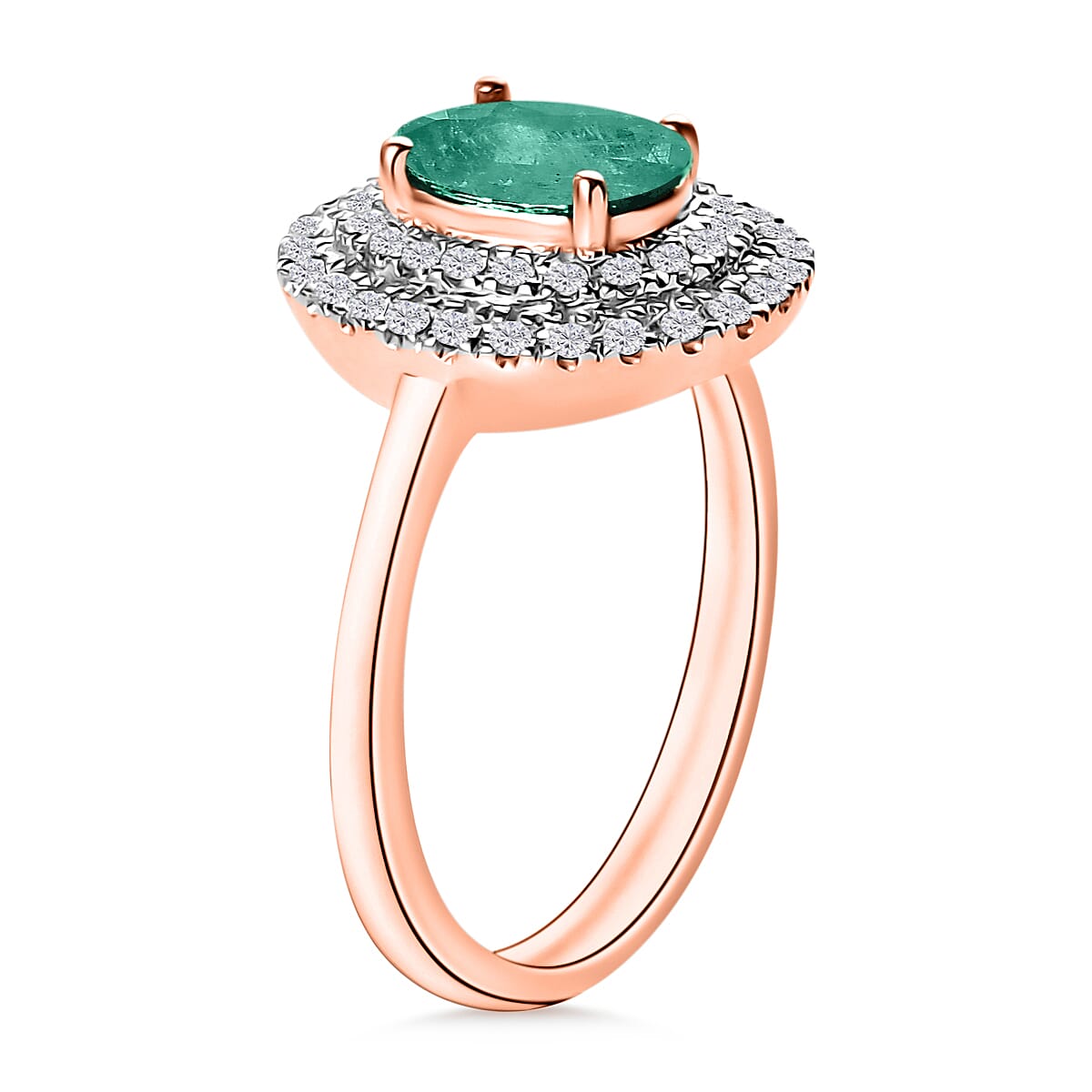 Luxoro Premium Kagem Zambian Emerald and G-H I1 Diamond 1.45 ctw Double Halo Ring in 14K Rose Gold (Size 6.5) (Del. in 10-12 Days) image number 2